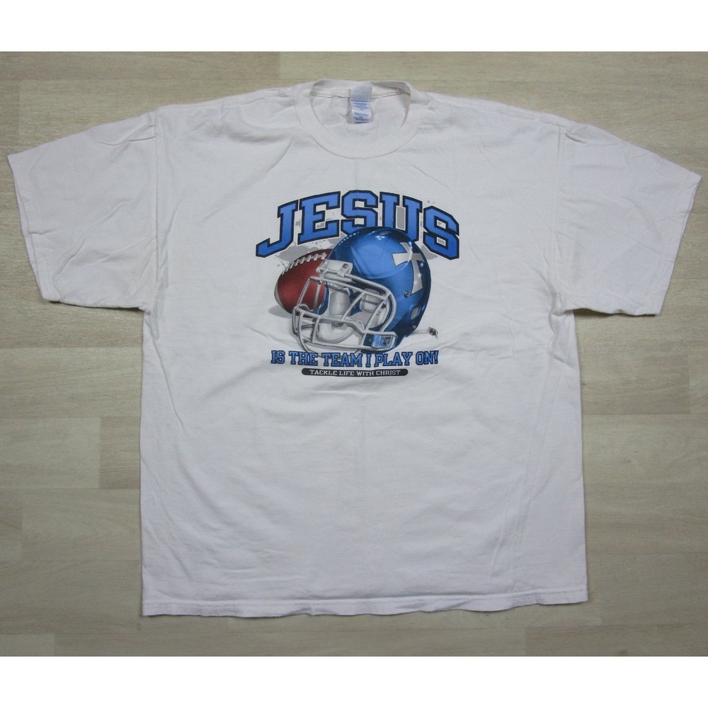 Vintage Y2K Jesus T Shirt (XXL) "Tackle Life with Christ" Christian‎ Football